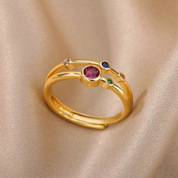 Wholesale Jewelry Light Luxury Retro Style Green Zircon Open Ushaped Stainless Steel Ring With 18K Gold Plated Electroplating For Women