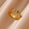 Wholesale Jewelry Light Luxury Retro Style Green Zircon Open Ushaped Stainless Steel Ring With 18K Gold Plated Electroplating For Women