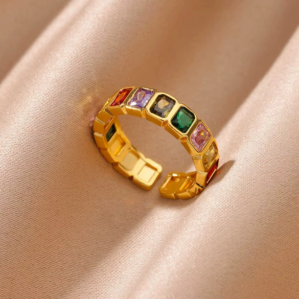 Wholesale Jewelry Light Luxury Retro Style Green Zircon Open Ushaped Stainless Steel Ring With 18K Gold Plated Electroplating For Women