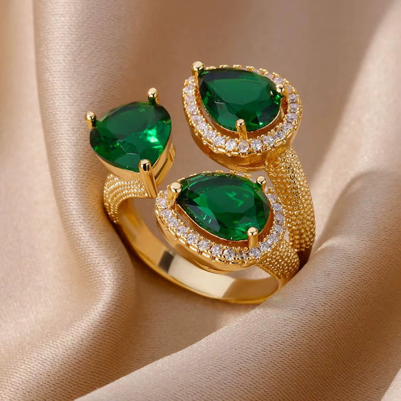 Wholesale Jewelry Light Luxury Retro Style Green Zircon Open Ushaped Stainless Steel Ring With 18K Gold Plated Electroplating For Women