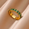 Wholesale Jewelry Light Luxury Retro Style Green Zircon Open Ushaped Stainless Steel Ring With 18K Gold Plated Electroplating For Women