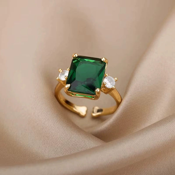 Wholesale Jewelry Light Luxury Retro Style Green Zircon Open Ushaped Stainless Steel Ring With 18K Gold Plated Electroplating For Women