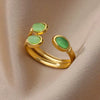 Wholesale Jewelry Light Luxury Retro Style Green Zircon Open Ushaped Stainless Steel Ring With 18K Gold Plated Electroplating For Women