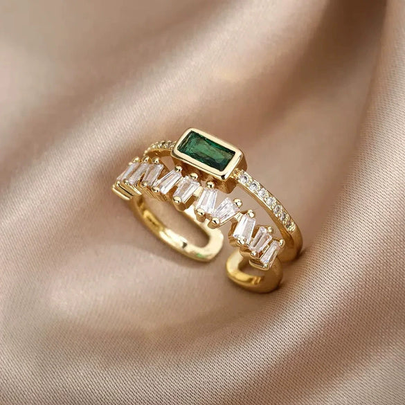 Wholesale Jewelry Light Luxury Retro Style Green Zircon Open Ushaped Stainless Steel Ring With 18K Gold Plated Electroplating For Women