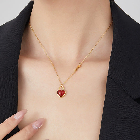 Wholesale Jewelry Light Luxury Romantic Titanium Steel Heart Shape Agate Inlay Necklace