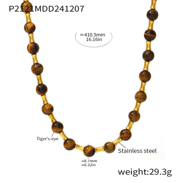 Wholesale Jewelry Light Luxury Stainless Steel Geometric Tiger Eye Beads Clavicle Necklace With Electroplating