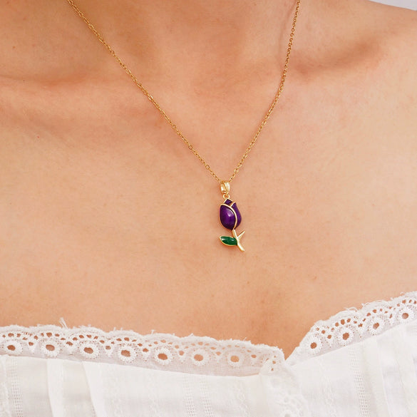 Wholesale Jewelry Light Luxury Style Flower Tulip Copper Clavicle Chain Necklace With Mixed Gemstone Setting And Electroplating