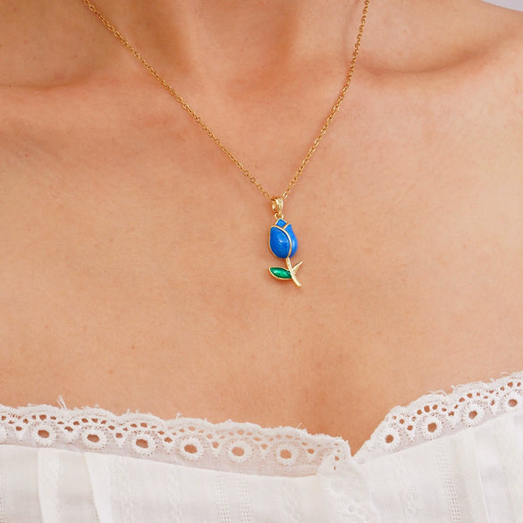 Wholesale Jewelry Light Luxury Style Flower Tulip Copper Clavicle Chain Necklace With Mixed Gemstone Setting And Electroplating