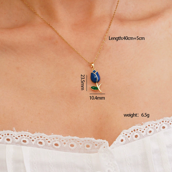 Wholesale Jewelry Light Luxury Style Flower Tulip Copper Clavicle Chain Necklace With Mixed Gemstone Setting And Electroplating