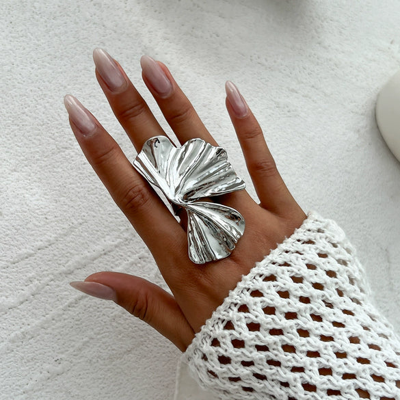Wholesale Jewelry Light Luxury Style Geometric Alloy Irregular Three Dimensional Pleated Wide Ring With Electroplating