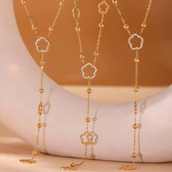 Wholesale Jewelry Light Luxury Style Geometric 316L Stainless Steel And 316L Stainless Steel Electroplating Tassel Zircon Flower Bead Necklace For Women