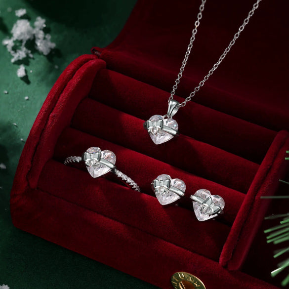 Wholesale Jewelry Light Luxury Style 925 Sterling Silver Love Bow Heart Water Drop Bell Electroplated Earrings Necklace Ring For Women