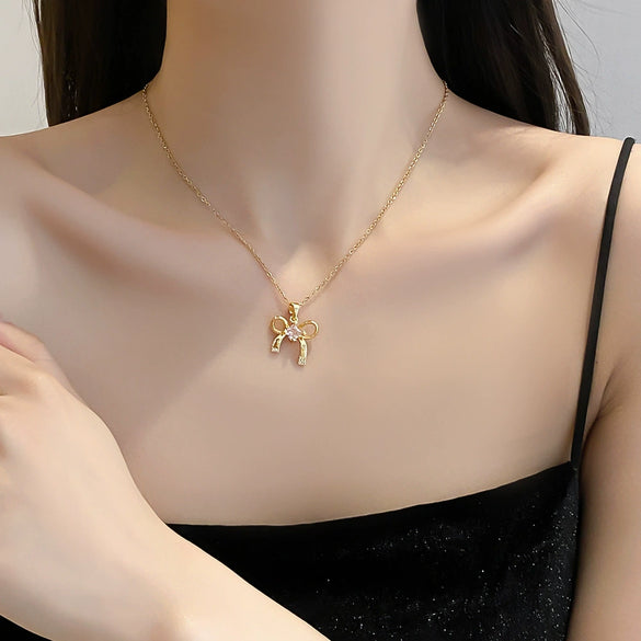 Wholesale Jewelry Light Luxury Titanium Steel Copper Bow Diamondencrusted Necklace For Women