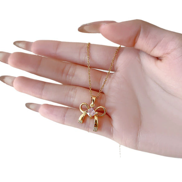 Wholesale Jewelry Light Luxury Titanium Steel Copper Bow Diamondencrusted Necklace For Women