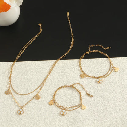 Wholesale Jewelry Luxurious Flower 304 Stainless Steel Shell Gold Plated Layered Plating Inlay Jewelry Set