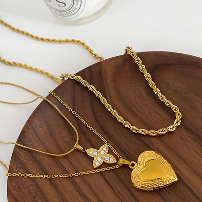 Wholesale Jewelry Luxurious Simple Style Heart Shape 316L Stainless Steel  Rhinestones 18K Gold Plated Plating Inlay Pendant Necklace