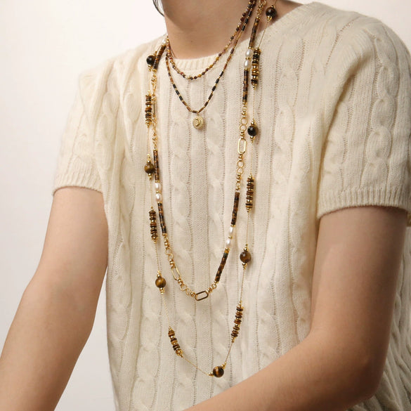 Wholesale Jewelry Maillard Style Tiger Eye Stone And Copper Handmade Geometric Pattern Necklace