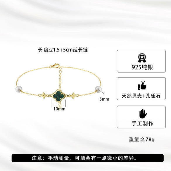 Wholesale Jewelry Malachite Four Leaf Clover Geometric Anklet 925 Sterling Silver Plating For Women