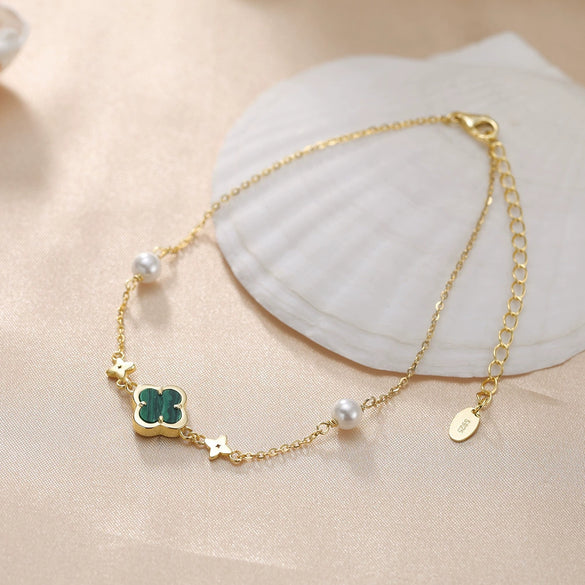 Wholesale Jewelry Malachite Four Leaf Clover Geometric Anklet 925 Sterling Silver Plating For Women