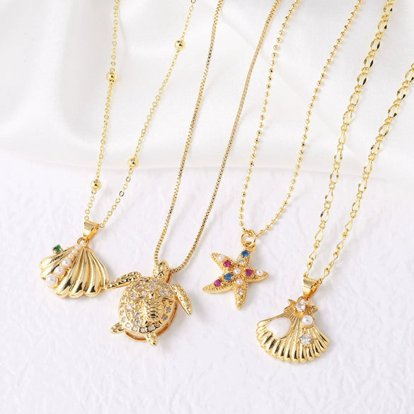 Wholesale Jewelry Marine Design Starfish Pearl Shell Pendant Necklace Copper Electroplated O Word Chain For Women