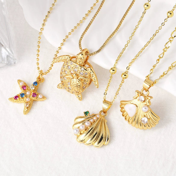 Wholesale Jewelry Marine Design Starfish Pearl Shell Pendant Necklace Copper Electroplated O Word Chain For Women