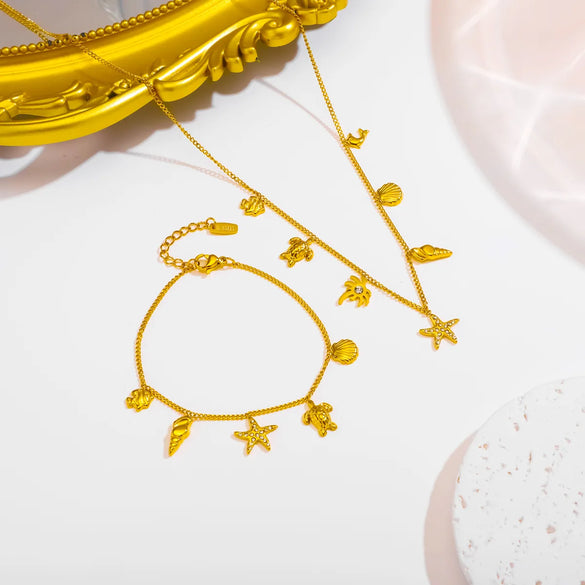 Wholesale Jewelry Marine Style Beach Ocean 304 Stainless Steel 14K Gold Plated 18K Gold Plated Bracelets Necklace Curb Necklace