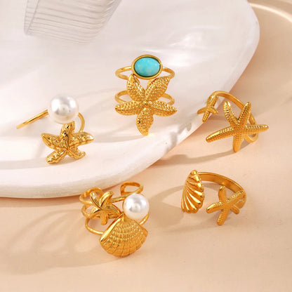 Wholesale Jewelry Marine Style Beach Scallop Starfish 304 Stainless Steel Artificial Pearls Turquoise Plating Inlay Open Rings