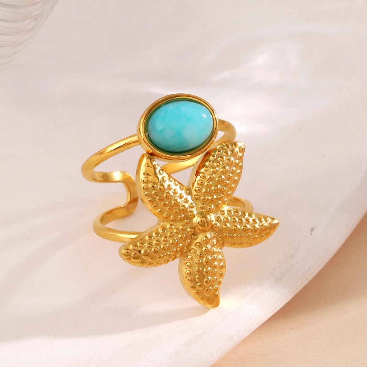 Wholesale Jewelry Marine Style Beach Scallop Starfish 304 Stainless Steel Artificial Pearls Turquoise Plating Inlay Open Rings