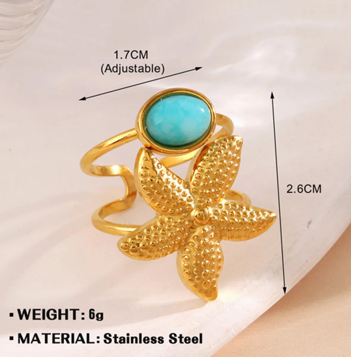 Wholesale Jewelry Marine Style Beach Scallop Starfish 304 Stainless Steel Artificial Pearls Turquoise Plating Inlay Open Rings