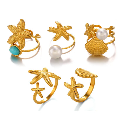 Wholesale Jewelry Marine Style Beach Scallop Starfish 304 Stainless Steel Artificial Pearls Turquoise Plating Inlay Open Rings