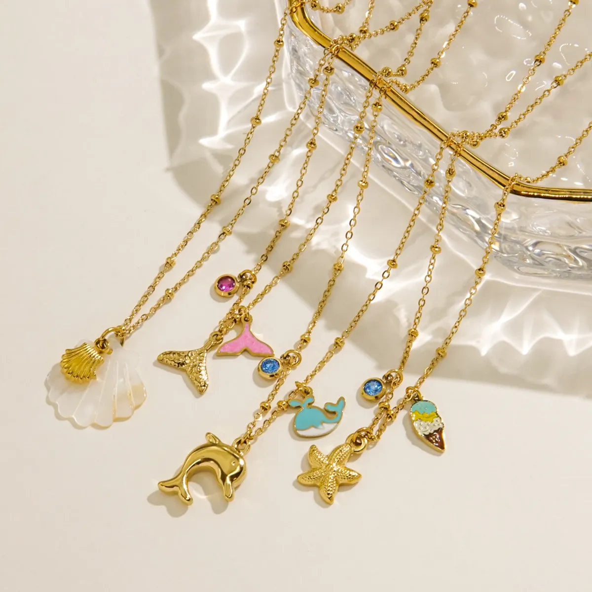 Wholesale Jewelry Marine Style Beach Tropical Starfish Dolphin Shell 304 Stainless Steel Rhinestones Shell 14K Gold Plated Enamel Plating Inlay Pendant Necklace