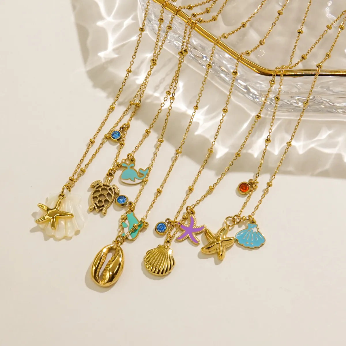 Wholesale Jewelry Marine Style Beach Tropical Starfish Dolphin Shell 304 Stainless Steel Rhinestones Shell 14K Gold Plated Enamel Plating Inlay Pendant Necklace