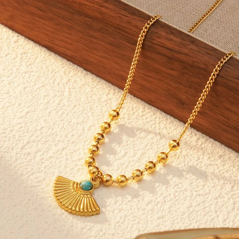 Wholesale Jewelry Marine Style Classic Style Sector 304 Stainless Steel Turquoise 18K Gold Plated Inlay Pendant Necklace