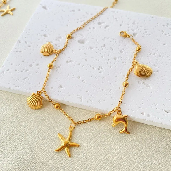 Wholesale Jewelry Marine Style Commute Starfish Dolphin Shell 201 Stainless Steel Gold Plated Anklet