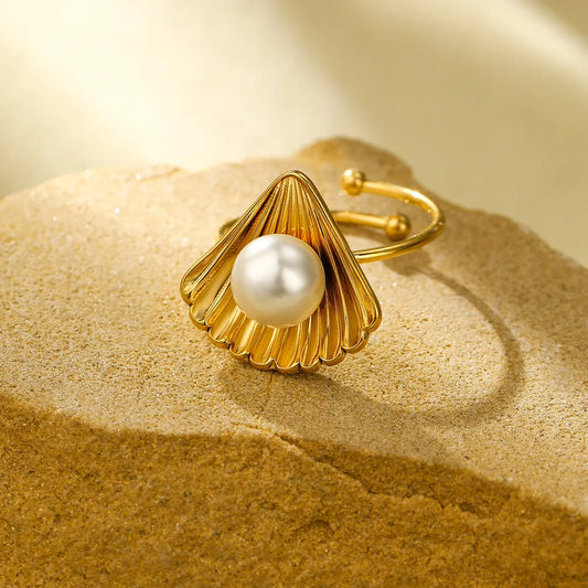 Wholesale Jewelry Marine Style Pearl Shell 304 Stainless Steel Open Rings