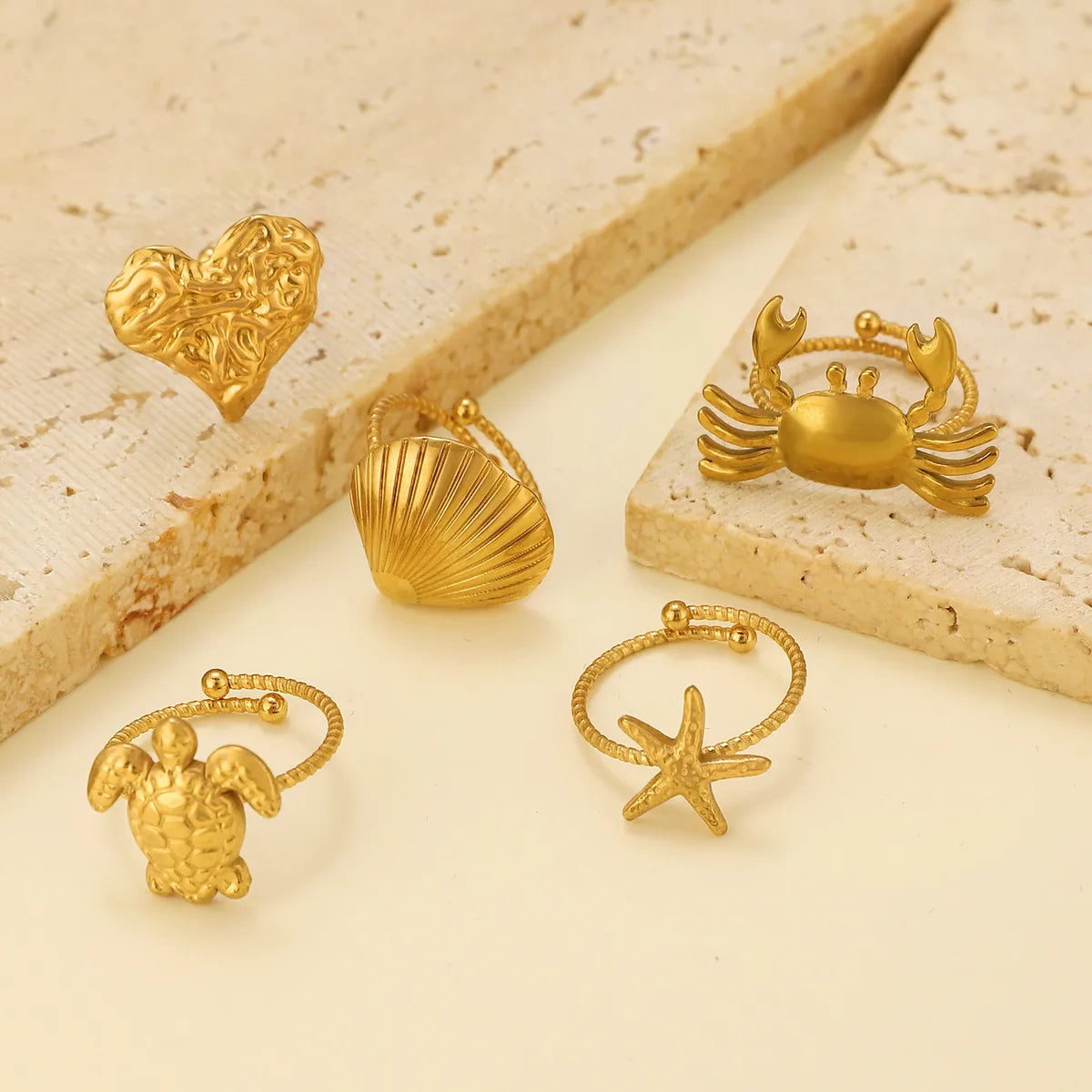 Wholesale Jewelry Marine Style Simple Style Starfish Crab Shell Titanium Steel 18K Gold Plated Open Rings