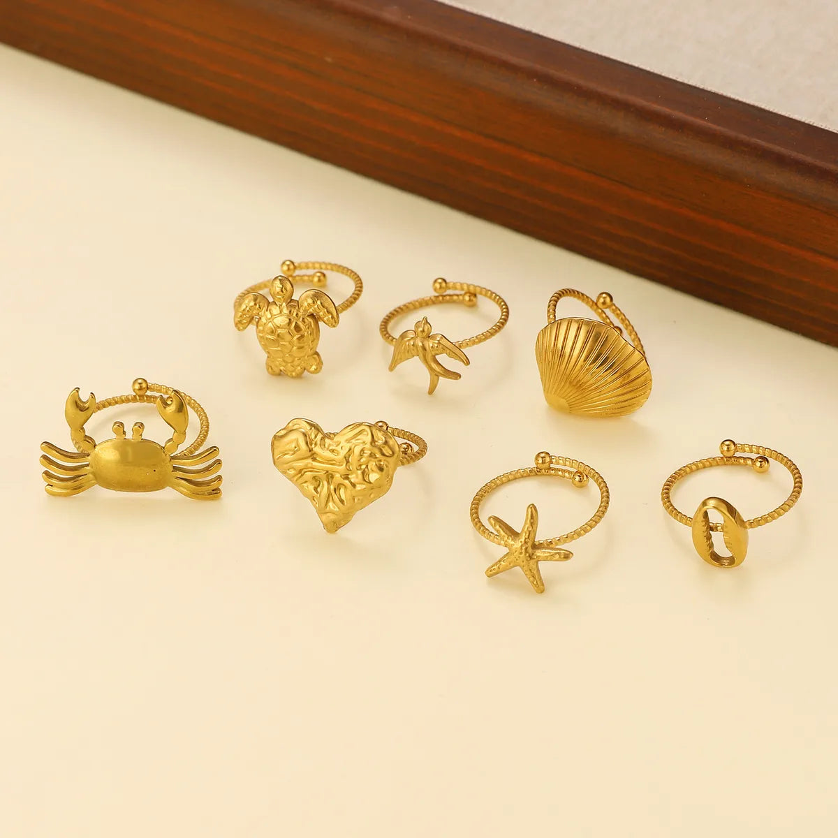 Wholesale Jewelry Marine Style Simple Style Starfish Crab Shell Titanium Steel 18K Gold Plated Open Rings