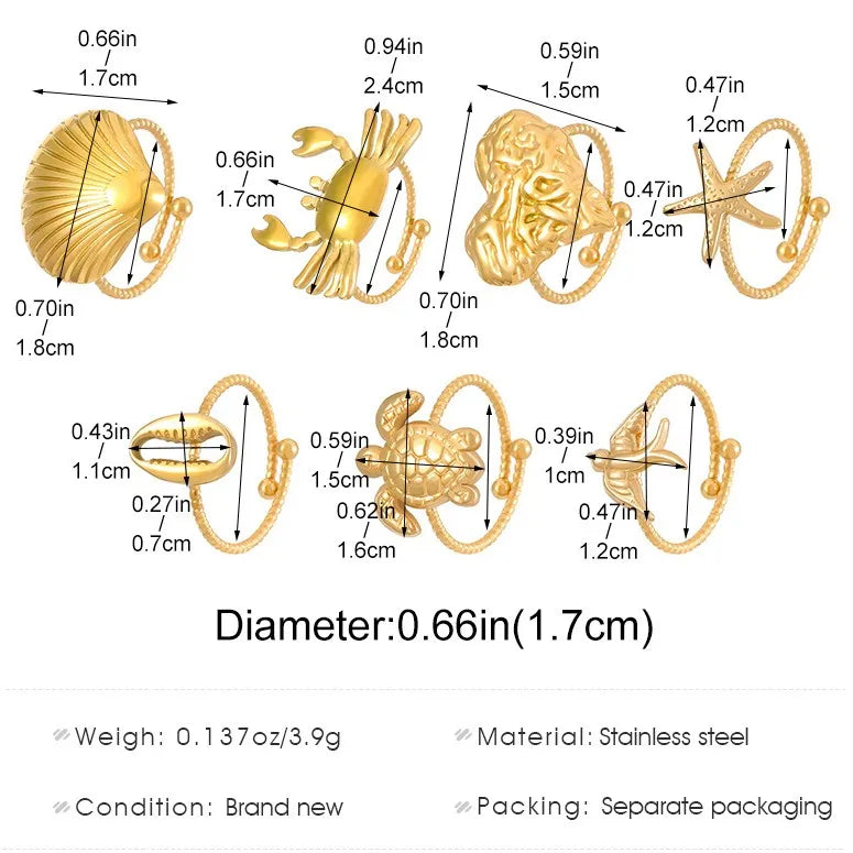 Wholesale Jewelry Marine Style Simple Style Starfish Crab Shell Titanium Steel 18K Gold Plated Open Rings