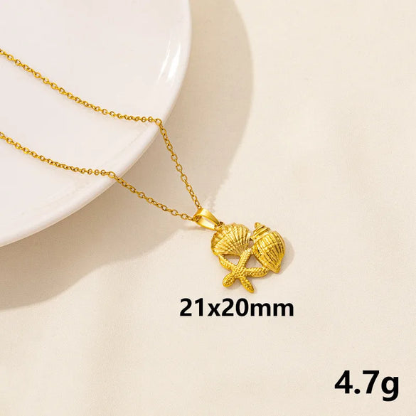 Wholesale Jewelry Marine Style Starfish Conch Shell 304 Stainless Steel Chain Pendant Necklace