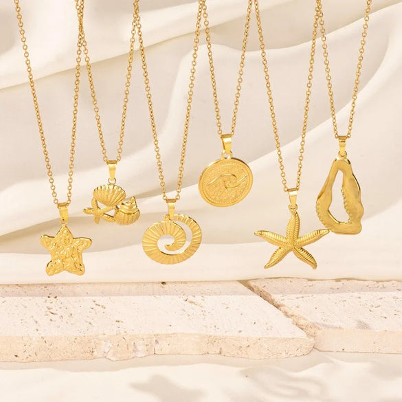 Wholesale Jewelry Marine Style Starfish Conch Shell 304 Stainless Steel Chain Pendant Necklace