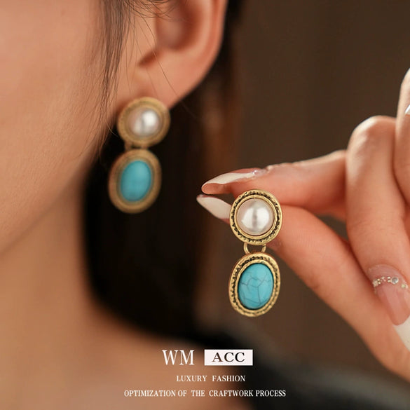 Wholesale Jewelry Medieval Vintage Style Round Imitation Pearl And Alloy Electroplated Earrings And Clavicle Chain Set
