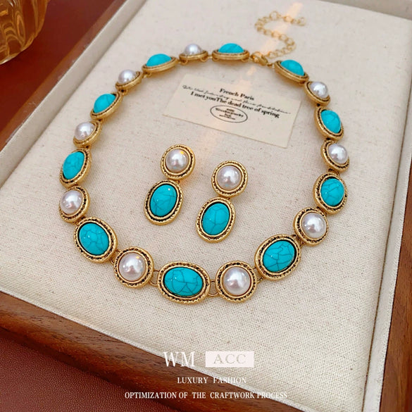 Wholesale Jewelry Medieval Vintage Style Round Imitation Pearl And Alloy Electroplated Earrings And Clavicle Chain Set
