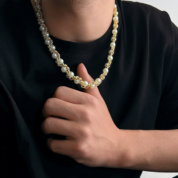Wholesale Jewelry Men's Imitation Pearl Chain Geometric Style Alloy Pendant Handmade Necklace