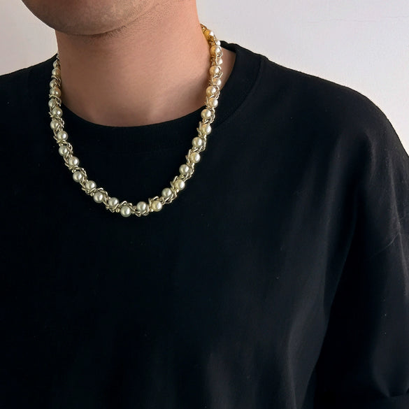 Wholesale Jewelry Men's Imitation Pearl Chain Geometric Style Alloy Pendant Handmade Necklace