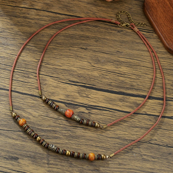 Wholesale Jewelry Metal Wood Bead Leather Alloy Geometric Handmade Unisex Hiphop Necklace