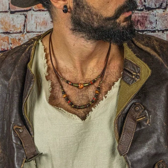 Wholesale Jewelry Metal Wood Bead Leather Alloy Geometric Handmade Unisex Hiphop Necklace