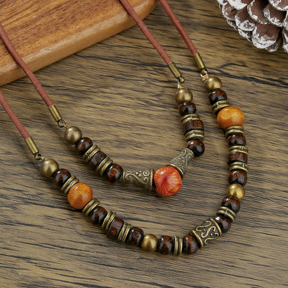Wholesale Jewelry Metal Wood Bead Leather Alloy Geometric Handmade Unisex Hiphop Necklace