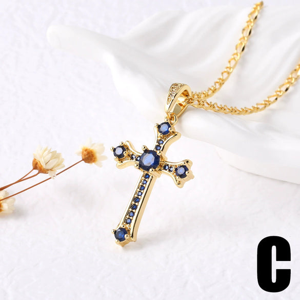 Wholesale Jewelry Minimalist Cross Pendant Necklace Copper 18K Gold Plated Zircon Snake Bone Chain