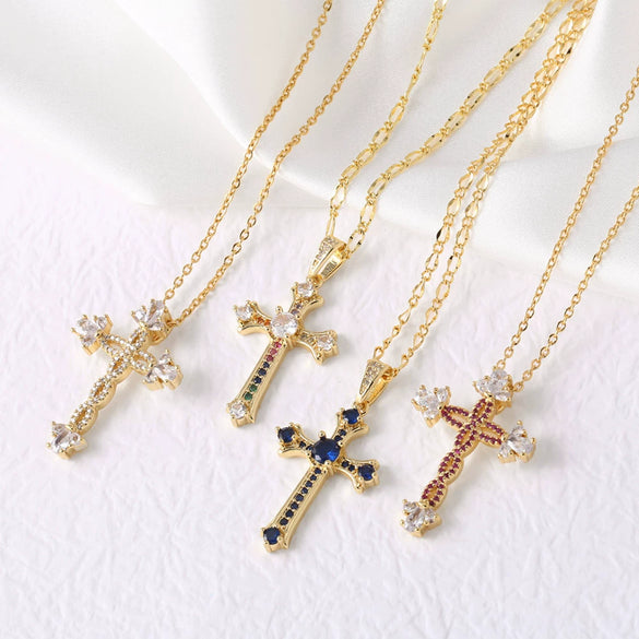 Wholesale Jewelry Minimalist Cross Pendant Necklace Copper 18K Gold Plated Zircon Snake Bone Chain