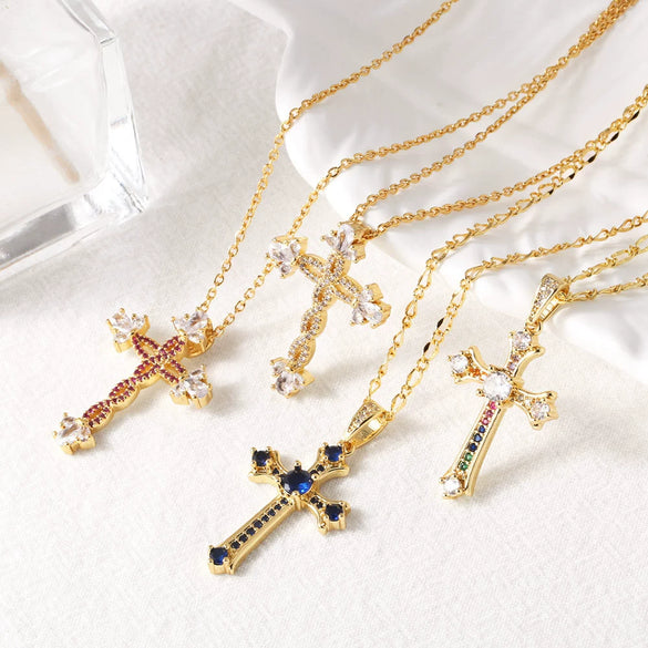 Wholesale Jewelry Minimalist Cross Pendant Necklace Copper 18K Gold Plated Zircon Snake Bone Chain